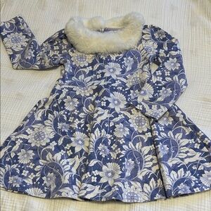 Janie and Jack Blue Floral Dress with White Faux Fur Collar